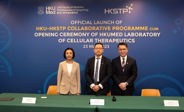 A Press Conference was held following the Opening Ceremony of HKUMed Laboratory of Cellular Therapeutics, chaired by (from left) Dr Grace Lau, Head of Institute for Translational Research, HKSTP; Professor Tse Hung-fat, Chair of Cardiovascular Medicine; Chairperson, Department of Medicine, School of Clinical Medicine, HKUMed, and Professor Eric Tse Wai-choi, Clinical Professor, Department of Medicine, School of Clinical Medicine, HKUMed.
 